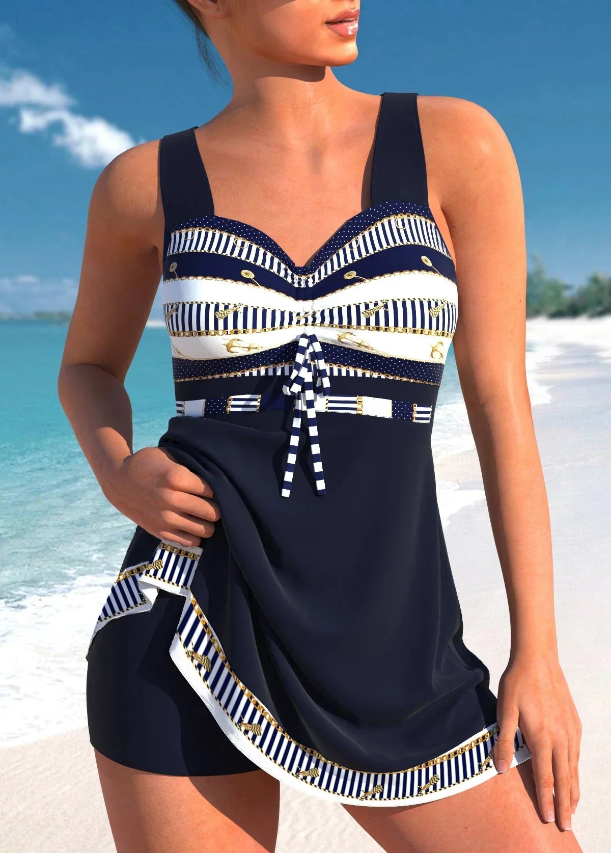 Figurformender Tankini mit ausgestelltem Rock & Ethno‑Muster – Maximaler Komfort & Stil